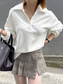 DAZY 女式宽松落肩纯色长袖休闲运动衫，秋季 - 白色 - 查看 6