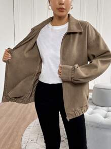 SHEIN EZwear Women Solid Color Zipper Casual Loose Fitting Long Sleeve Jacket - Brown - View 5