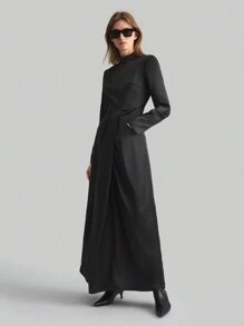 Ontre Women's Black New Year Spring Satin Solid Stand Collar Long Sleeve Pocket Casual Dress - Black - View 1