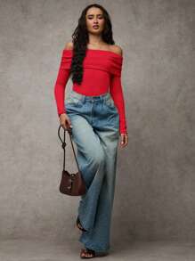 SHEIN BAE Faux Cashmere Elegant Shoulder Off Shoulder Long Sleeve Slim-Fit Thermal Bodysuit, Casual For Everyday Wear,Fall Women Outfits,Winter Women Tops - Red - View 5