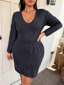 Flirla Plus Size Solid Color Waist Fitted Sweater Dress For Autumn/Winter - Dark Grey - View 5
