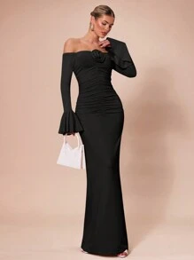 SHEIN BAE 秋冬杏色和象牙色纯色紧身性感露肩长袖 3D 花卉装饰褶皱长裙，适合鸡尾酒会、浪漫约会、分层穿搭、派对、正式活动、万圣节、圣诞节 - 黑色 - 查看 3