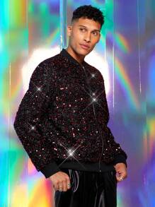 Manfinity VCAY Men Fashion Zip Up Sequin Bomber Jacket - Red - View 5