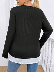 SHEIN LUNE 大码女式情人节圆领假两件休闲黑白面料拼接长袖女式衬衫度假装 - 黑與白 - 查看 2