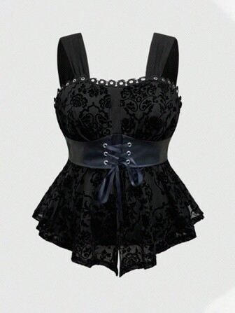 Fairycore Damen figurbetontes Top mit dunkler beflockter Blumenmustern