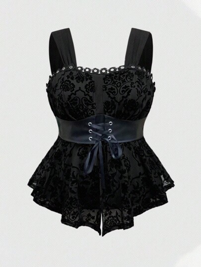 Fairycore Top ajustado de mujer con diseño floral oscuro estampado