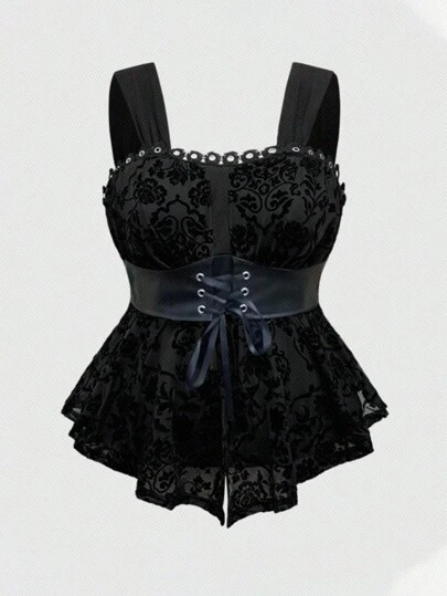 ROMWE Fairycore 女士深色花卉植绒贴身腰背心