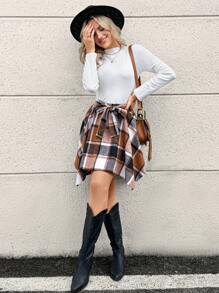 SHEIN LUNE 女式不对称下摆格子裙 - 棕色 - 查看 6