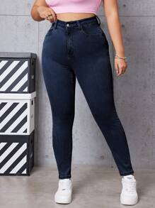 SHEIN EZwear Plus Size Casual High Waist Slim Fit Jeans - Dark Wash - View 3