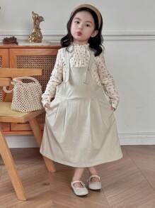 DAZY Young Girls' Wide Strap Button Casual Simple Dress - Beige - View 2
