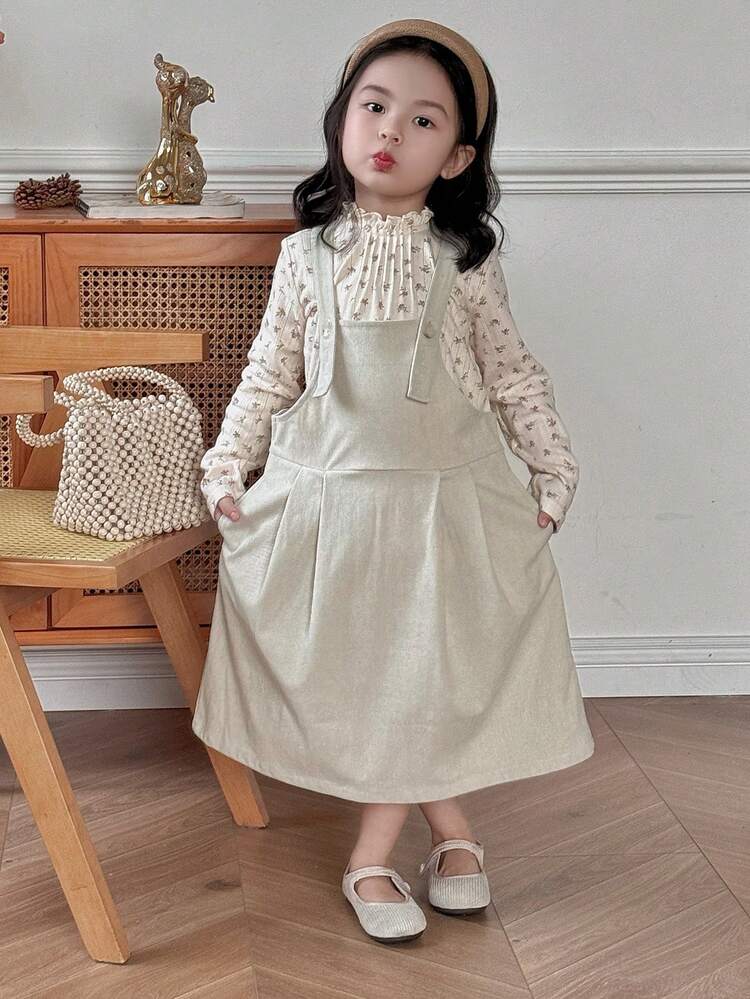 Young Girls' Wide Strap Button Casual Simple Dress