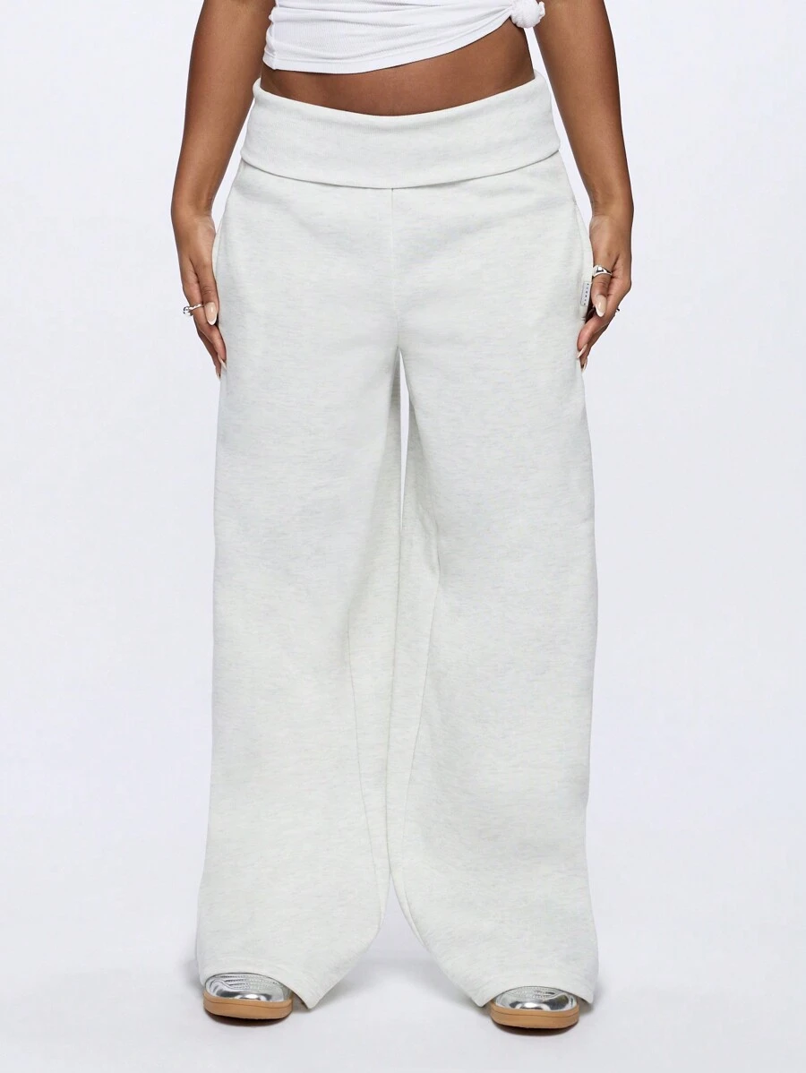 SUMWON WOMEN 超柔软运动阔腿运动裤舒适休闲裤带翻折腰带健身瑜伽运动裤日常休闲装 - 淺灰色 - 查看 1