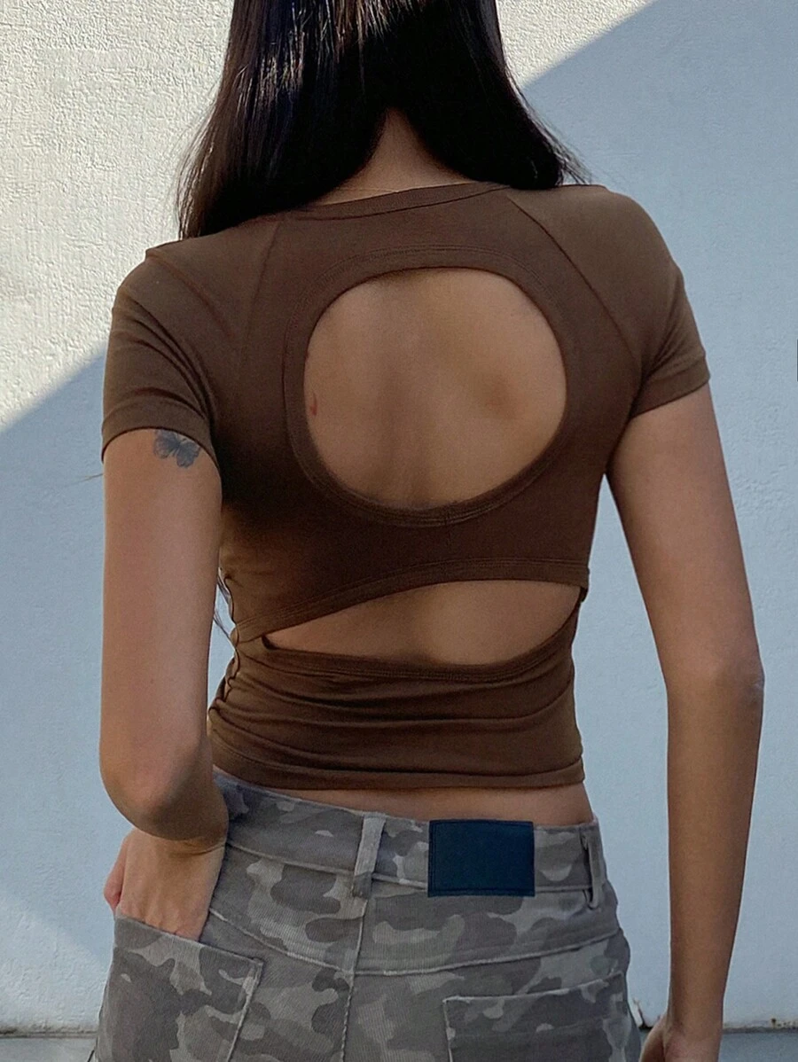 DAZY 女士纯色棕色圆领短袖镂空休闲上衣，日常穿着，露背上衣 - 棕色 - 查看 1