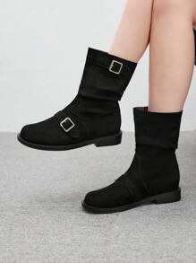 CUCCOO BIZCHIC Botas negro de media pantorrilla con detalles de botones rizado, botas de mujer estilo caballero, plataforma de tacón plano de tacón grueso, botas de motociclista