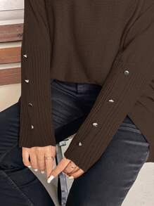 EMERY ROSE Plus Size Winter Loose-Fitting Sweater Pullover With Metal Button Design On Cuffs, Suitable For Going Out, Vacation, Workwear, And Home