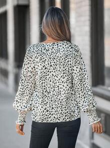 SHEIN LUNE Áo sơ mi dài tay họa tiết da báo xếp ly cho nữ - Màu be - Xem 2