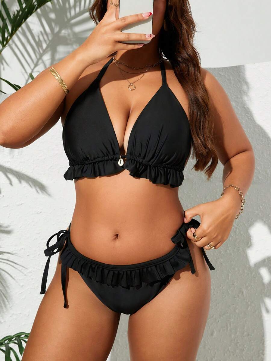 Swim SXY Plus Size 2pcs Solid Color Spaghetti Strap Triangle Cup Ruffled Design Bikini Swimwear Set Summer - Black - View 1