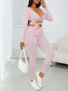 VaVaBold 2pcs Suit Set: Comfortable Casual V-Neck Cross Straps Bowknot Long Sleeve Top & Ruched Waist Leggings, Pink