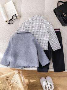 SHEIN 4pcs/Set Baby Boy Autumn/Winter Colorblock Ribbon Collar Long Sleeve Cardigan, Collar Shirt, Elastic Waist Pants Outfit With Belt, Suitable For Birthday Party, New Year, Christening, 1st Birthday, Party, Performance, Wedding, Baby Shower