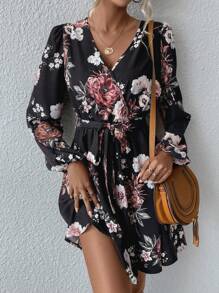 Breezaya Floral Print Lantern Sleeve Belted Dress