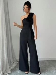 Rafferiza 女士 3D 花朵装饰简约休闲紧身连身裤 - 黑色 - 查看 4