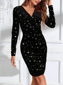 SHEIN Essnce 女式 V 领长袖短裙，带有简约的五角星装饰 - 黑色 - 查看 7