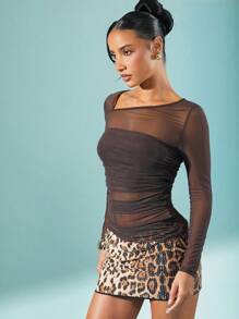 Hauture Asymmetric Long Sleeve Mesh Ruched Winter Top, Winter Clothes For Women - Brown - View 3