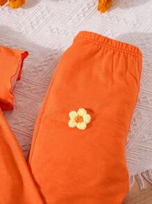 Tween Girls 2 Pieces Set: Solid Color Round Neck Floral Applique T-Shirt And Fitted Flare Knit Pants - Orange - View 6