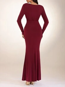 Modelyn 女式优雅纯色褶饰鱼尾连衣裙，秋季