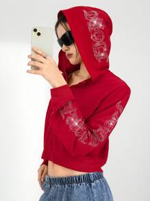 SHEIN Explorewe Felpa con cappuccio rossa con grafica di lettere in strass, stile gotico, per adolescenti - Rosso - Visualizzare 1