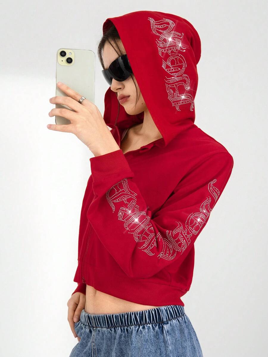 SHEIN Explorewe Felpa con cappuccio rossa con grafica di lettere in strass, stile gotico, per adolescenti - Rosso - Visualizzare 1