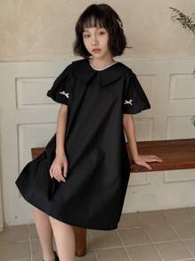 DAZY فستان كاجوال وأنيق للفتيات المراهقات بياقة بولو وأكمام قصيرة، لون سادة لليوم النتيجة