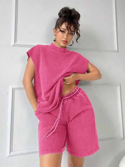 SHEIN SXY Plus Size Solid Stand Collar Short Sleeve Casual Top And Shorts 2pcs Set