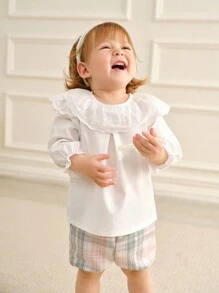 SHEIN Baby Girl Cute Floral Lace Collar Cap Sleeve Top With Cinched Waist Shorts Set, Vintage Plaid, Spring/Autumn Outdoor Newkids Outfit - Multicolor - View 4