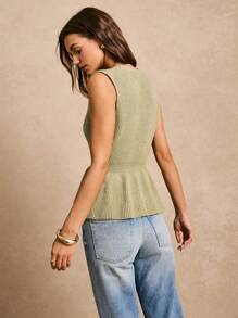 Poéselle Women Simple Solid Color Front Button Closure Waist Fitted Sleeveless Knit Top,Women Tops,Going Out Tops - Green - View 6