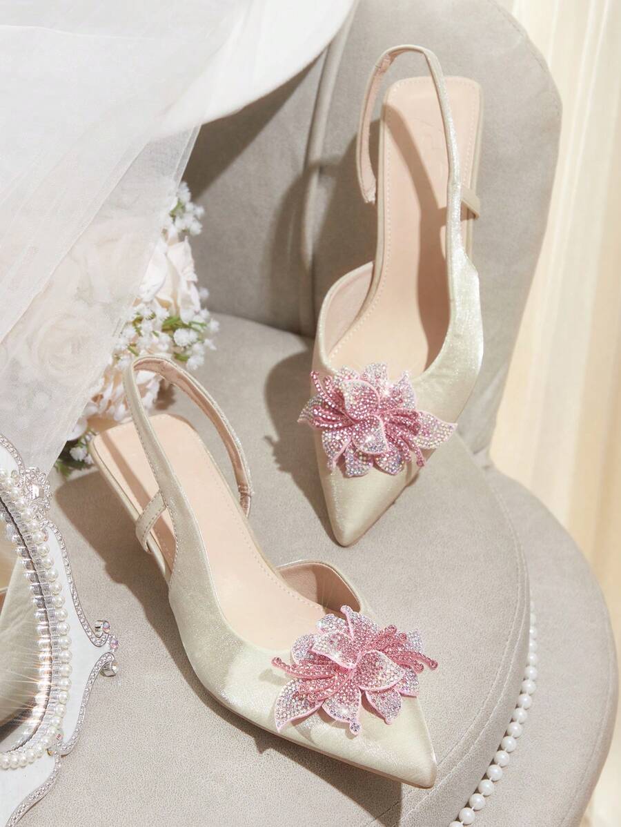 CUCCOO HITCHD Women's Black Stiletto High Heels, Sexy For Date, Party, Banquet, With Silver Chain, Rhinestone, Gemstone, Open Back Design Spring Shoes Prom Heels For Christmas Elegant Shoes - Apricot - View 1