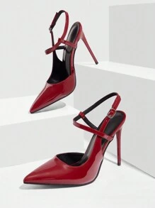 CUCCOO SZL Women's Burgundy Single Strap Fashion Red High Heels Pointed Toe Pumps With Buckle Decor Spring Shoes Spring Break Easter Prom Heels For Christmas - Burgundy - View 2