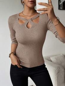 SHEIN Clasi Women's Collar Hollow-Out Solid Color Base Layer Pullover Sweaterbusiness Casual Woman,Work Wear,Fall Wedding Guest Dress,