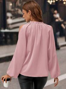 SHEIN Clasi Blusa Elegante e Romântica Preta com Ombros Abertos para Mulheres, Manga Longa com Detalhe de Babado Verde, para Uso Social e Diário - Rosa chiclete - Visão 2