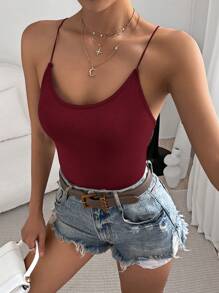 SHEIN Essnce 纯红色性感交叉露背细肩带紧身衣，勃艮第红夏季女士露背紧身衣