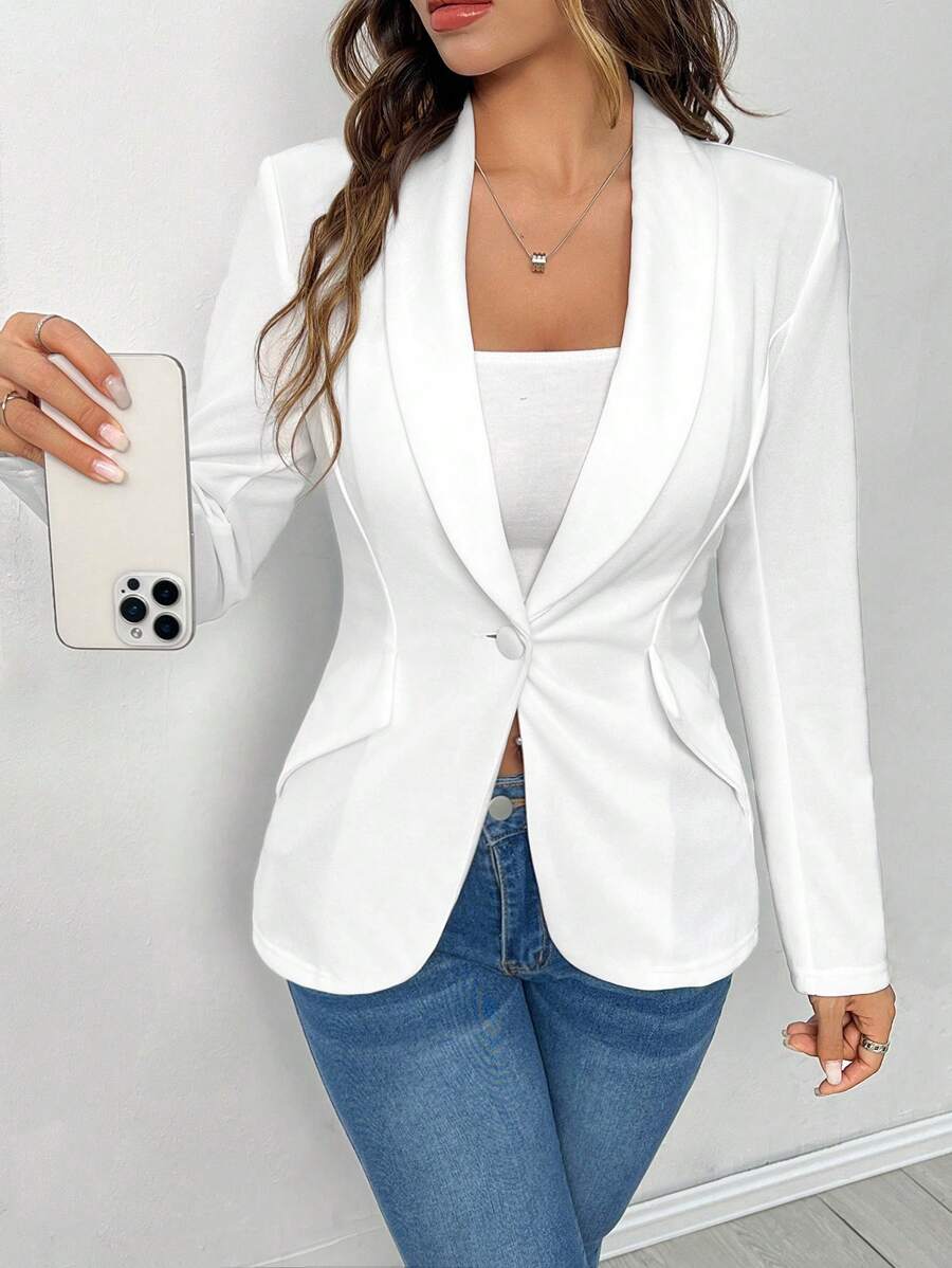 SHEIN PETITE Autumn And Winter Wear Suitable For Commuting. Shawl Collar Single-Button Black Suit Jacket - White - View 1