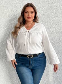 SHEIN CURVE+ FIT+ Women's White V-Neck Ruffle Casual Elegant Office Shirt Fall Cloth For Women