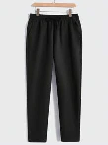 Manfinity Homme Men's Spring/Summer Casual Solid Color Short Sleeve Shirt And Long Pants Two-Piece Set, Cozy Outfits - Black - View 8