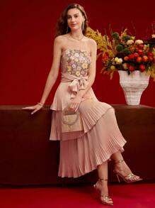 MOTF PREMIUM VESTIDO TUBO DRAPEADO CON FLORES DE LENTEJUELAS DE CONTRASTE, ATUENDO PARA EL DÍA DE SAN VALENTÍN