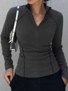 DAZY Women's Brushed Long Sleeve Fitted Casual Half-Zip T-Shirt, Street Style, Autumn/Winter - Grey - View 1