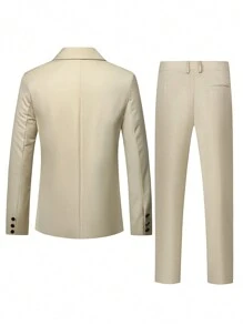 Manfinity Mode Conjunto de chaqueta de traje de manga larga con botones delanteros de dos tonos y pantalones de bolsillo de traje Manfinity Mode, traje de hombre color albaricoque claro, regalo para el novio