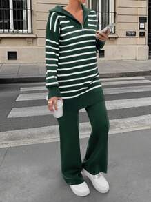 EURMUSE Striped Zipper Pullover Pant Knit Set - Army Green - View 4