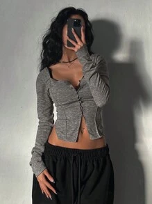 DAZY Blusa informal de manga larga con botones frontales para mujer, para uso diario