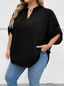 SHEIN CURVE+ 大码卷舌袖黑色衬衫，优雅，度假，基本款 - 黑色 - 查看 7
