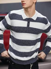 Manfinity Hypemode 男士前扣长袖条纹简约针织毛衣，休闲日常穿着 - 彩色 - 查看 1